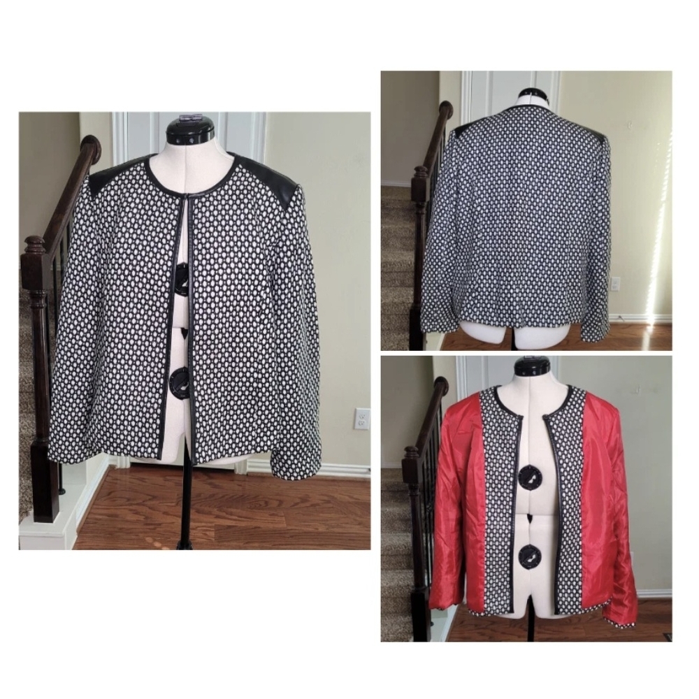 Womens Business Casual Office Open Blazer Jacket Black White Pattern Red Lining